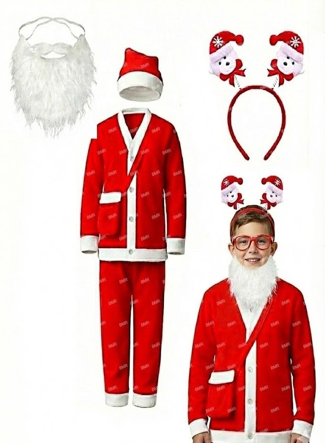 SKYWARE Santa Claus Dress For Kids 3-5 Years Boy Girl 6Pc Set with Headband,Beard,Shirt,Pant,Hat,Goodie Bag Warm Fleece Christmas Fancy Dress Competition Costume School Function Xmas Gift Red - Image 1